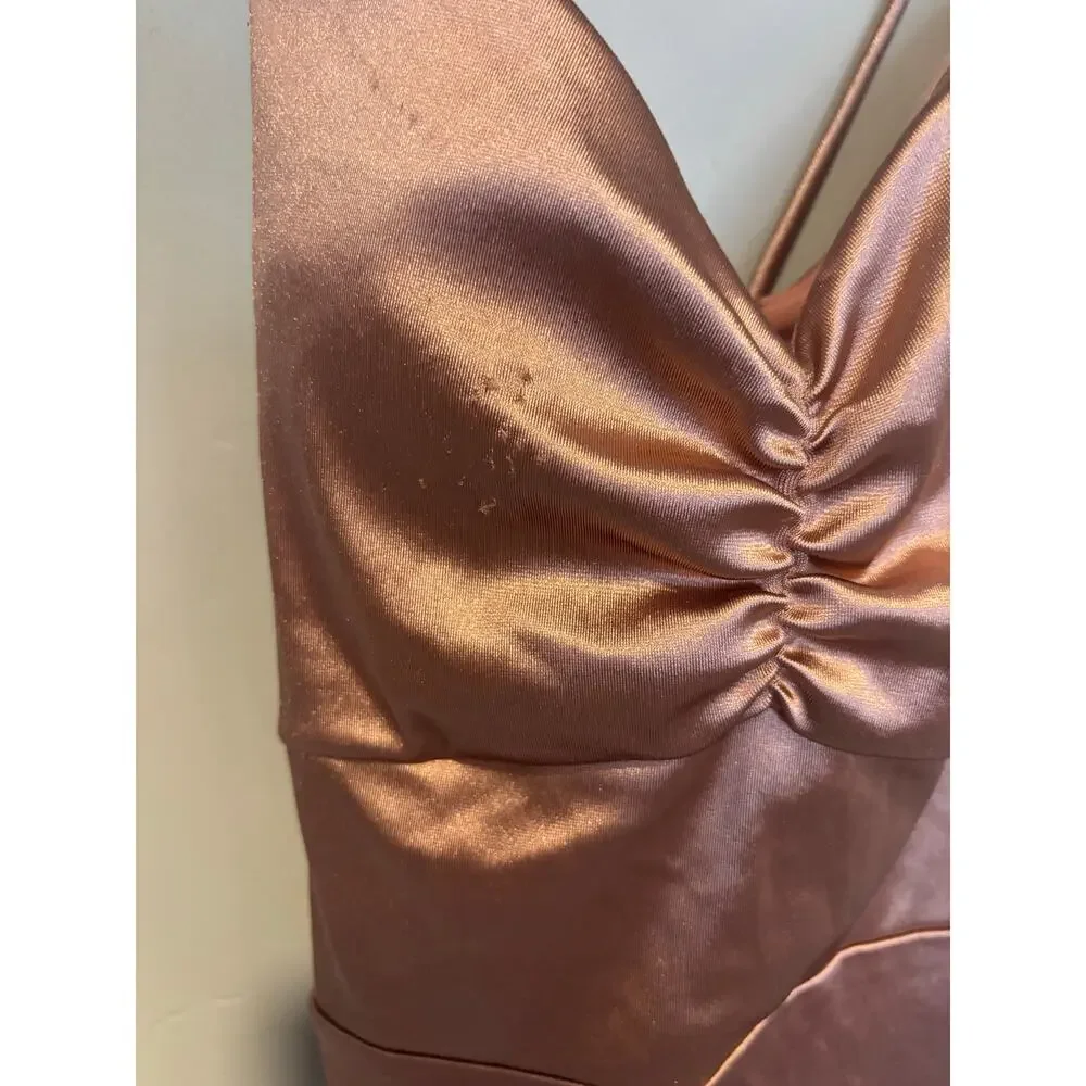 Copper Satin Maxi Dress Ruched Babydoll Formal Evening Gown Prom Glam Feminine - Picture 3 of 5